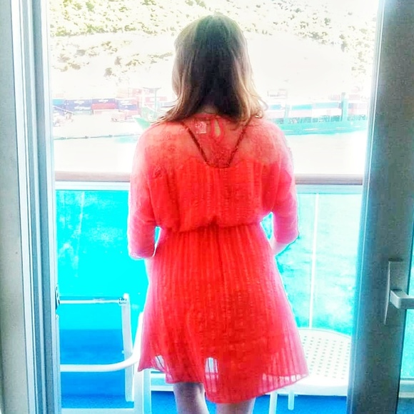 Flying Tomato Orange Textured Dress with Lace - Picture 6 of 6